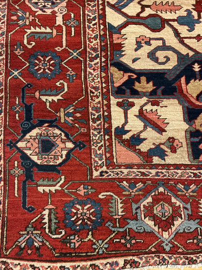 Antique Persian Serapi Rug, 13' x 19'6", in blue, ivory, navy and rust - photo 3