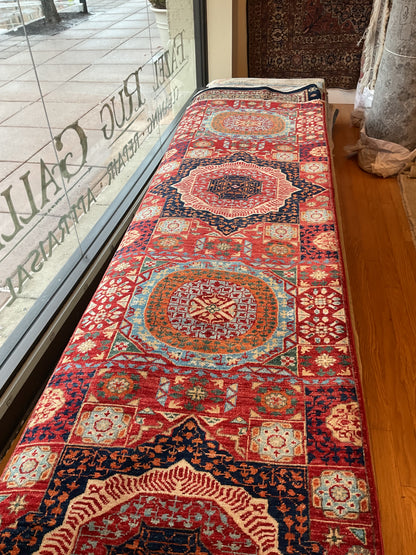Afghan Mamluk Runner, 2'8" x 9'8", in baby blue, navy, orange and red - photo 4