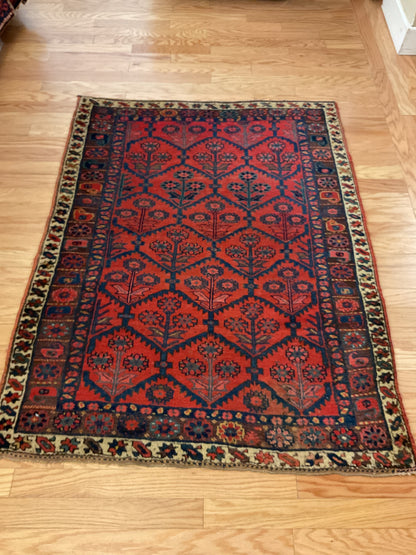 Antique Persian Kurdish Rug, 4'1" x 5'3", in ivory, navy and red