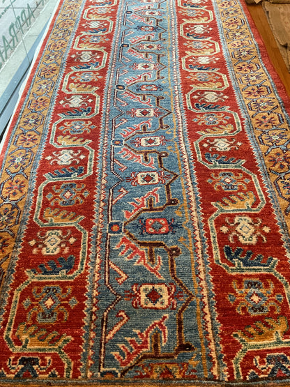 Afghan Kazak Runner, 2'7" x 9'11", in blue, gold, navy and red