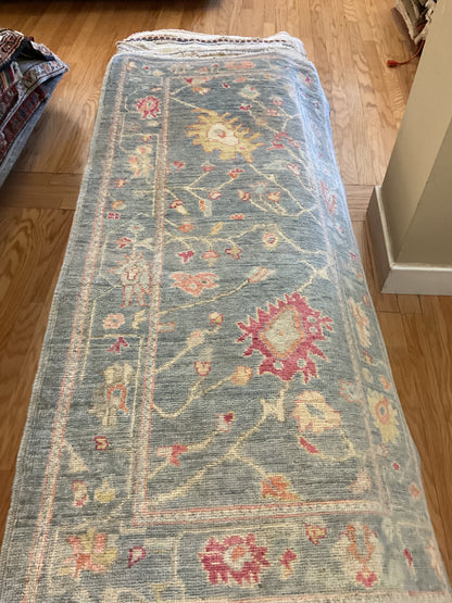Afghan Oushak Runner, 2'9" x 5'9", in baby blue, ivory, pink and yellow - photo 4