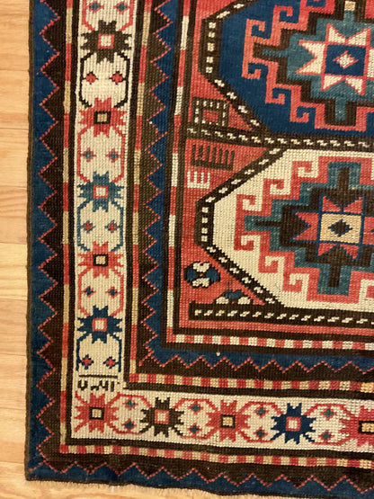 Antique Russian Kazak Runner, 3'9" x 6'7", in blue, ivory, navy and red - photo 2