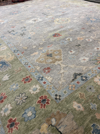 Indian Oushak Rug, 9'3" x 12', in green, grey, ivory and red - photo 2