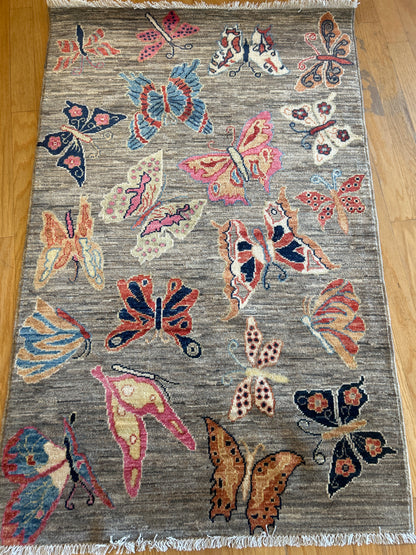 Afghan Peshawar Rug, 3' x 4'11", in blue, grey, navy and orange