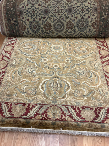 Indian Agra Jaipur Rug, 9'2" x 11'10", in burgundy, ivory and tan