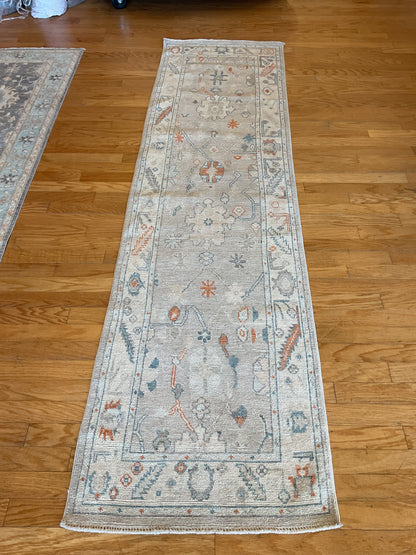 Afghan Oushak Runner, 2'8" x 9'10", in blue, grey, ivory and rust