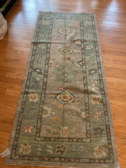 Turkish Oushak Runner, 3'3" x 7'6", in brown, green, grey and peach - photo 3