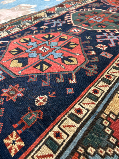 Antique Russian Kazak Runner, 3'1" x 11'3", in green, ivory, navy and red - photo 4