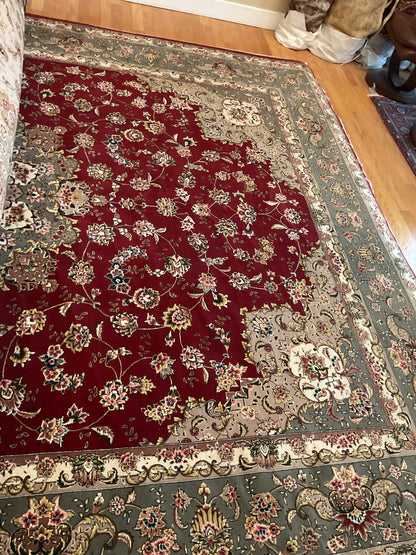 Sino Tabriz Rug with Silk, 9'10" x 13'10", in beige, burgundy, grey and ivory