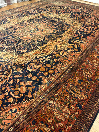 Antique Persian Sarouk Farahan Rug, 13'11" x 22'6", in gold, navy, rust and salmon - photo 5