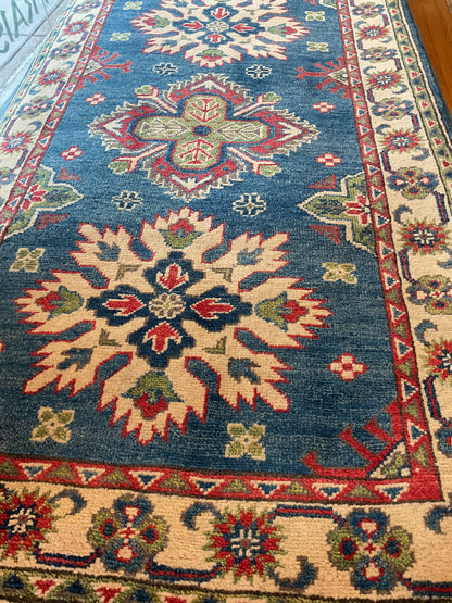 Afghan Kazak Runner, 2'8" x 9'7", in blue, green, ivory and red