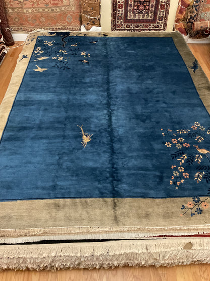 Antique Sino Chinese Walter Nichols Rug, 9' x 12', in beige, blue and gold