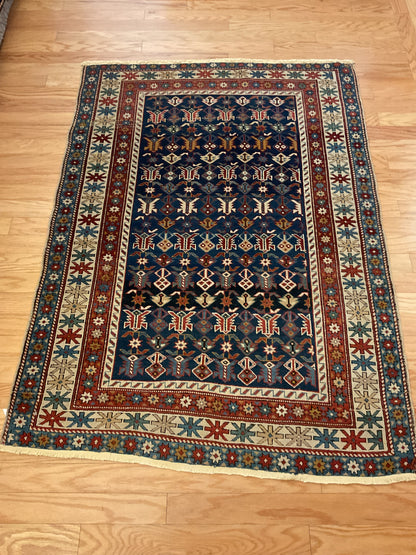 Antique Russian Kazak Rug, 3'11" x 5'6", in baby blue, ivory, navy and red