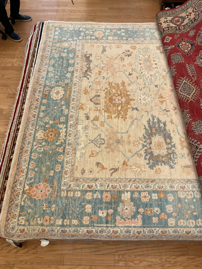 Afghan Oushak Rug, 8'2" x 9'10", in gold, ivory, peach and teal - photo 2