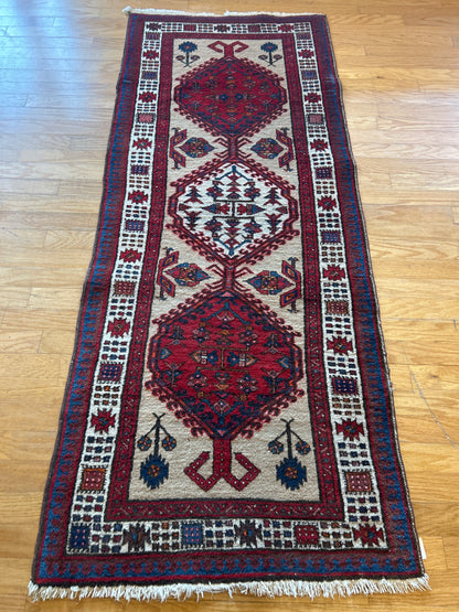 Antique Persian Kurdish Sarab Runner, 3' x 7'9", in ivory, navy and red