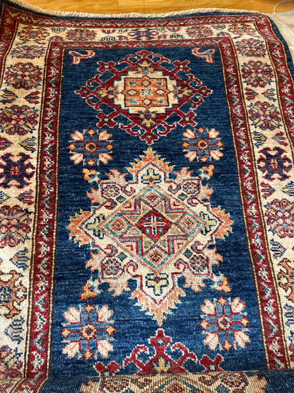 Afghan Kazak Runner, 2'7" x 17'2", in ivory, navy, orange and red