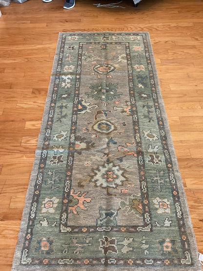 Turkish Oushak Runner, 3'3" x 7'7", in brown, green, grey and peach - photo 3
