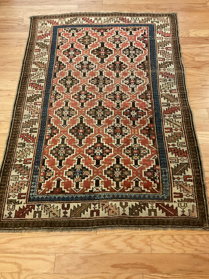 Antique Russian Kazak Rug, 3'5" x 5', in brown, ivory, navy and salmon - photo 4