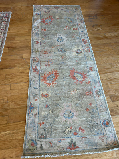 Afghan Oushak Runner, 3' x 7'10", in blue, grey, ivory and red