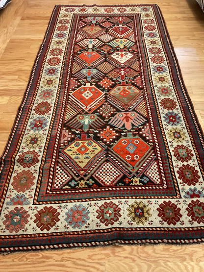 Antique Russian Kazak Rug, 3'7" x 7'10", in brown, ivory, orange and red