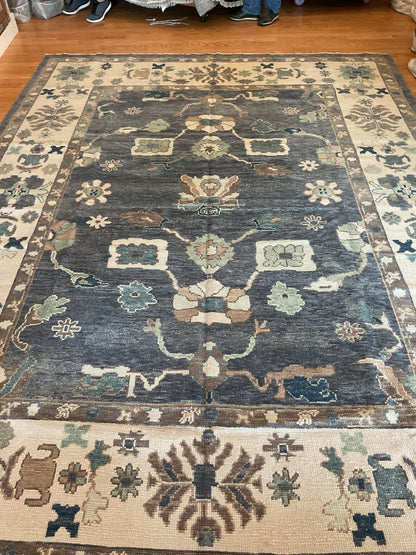 Turkish Oushak Rug, 9'2" x 12'1", in brown, charcoal, ivory and teal