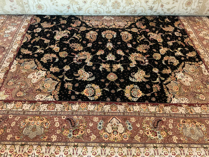 Sino Tabriz Rug with Silk, 9'10" x 14'1", in beige, black, brown and gold