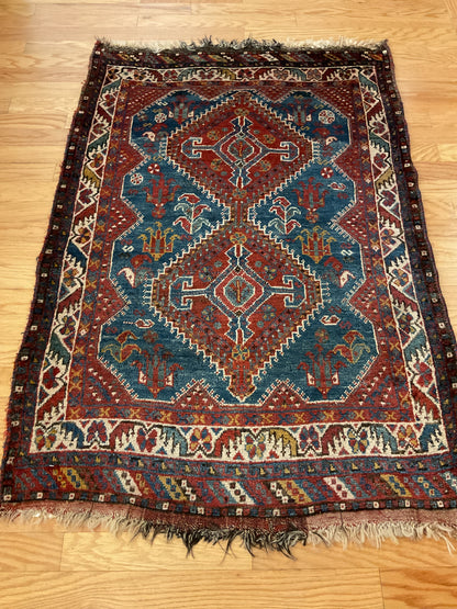 Antique Persian Shiraz Rug, 3'7" x 5'1", in blue, brown, ivory and red