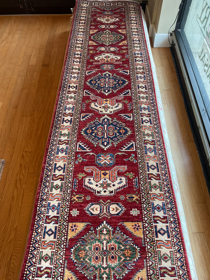Afghan Kazak Runner, 2'6" x 12', in green, ivory, navy and red - photo 2