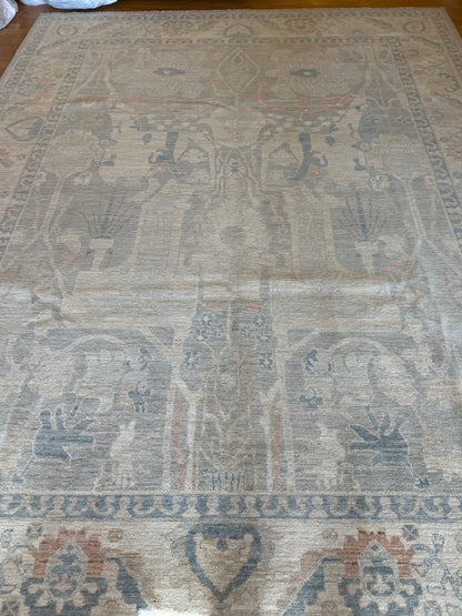 Afghan Oushak Rug, 9' x 11'8", in beige, blue, grey and salmon