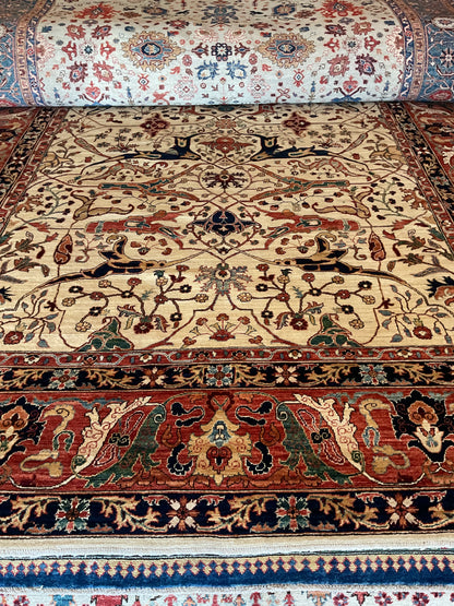 Afghan Bidjar Rug, 9'10" x 13'9", in green, ivory, navy and rust
