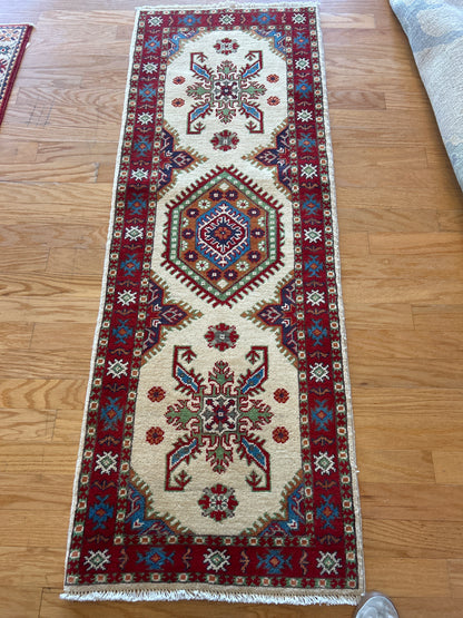 Afghan Kazak Runner, 2'2" x 5'11", in blue, green, ivory and red