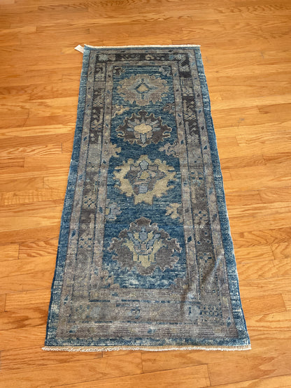 Turkish Oushak Runner, 2'8" x 6'4", in beige, blue and grey
