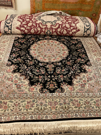 Sino Sarouk Rug, 8' x 10', in black, ivory and pink