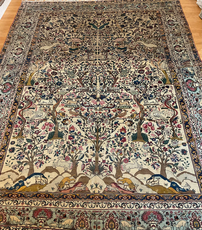 Antique Persian Tehran Rug, 9'10" x 13'5", in baby blue, gold, ivory and navy