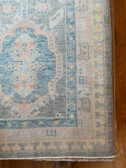 Turkish Oushak Runner, 3' x 13'11", in baby blue, blue, grey and peach - photo 3