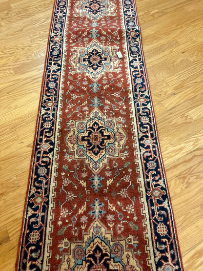 Indian Heriz Runner, 2'6" x 23'6", in baby blue, ivory, navy and rust