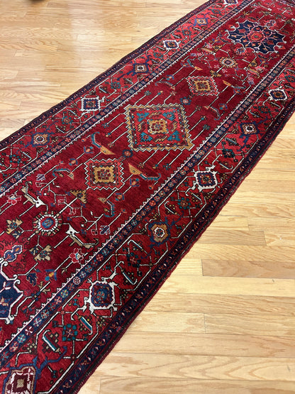 Antique Persian Kurdish Runner, 3'2" x 12'11", in ivory, navy and red