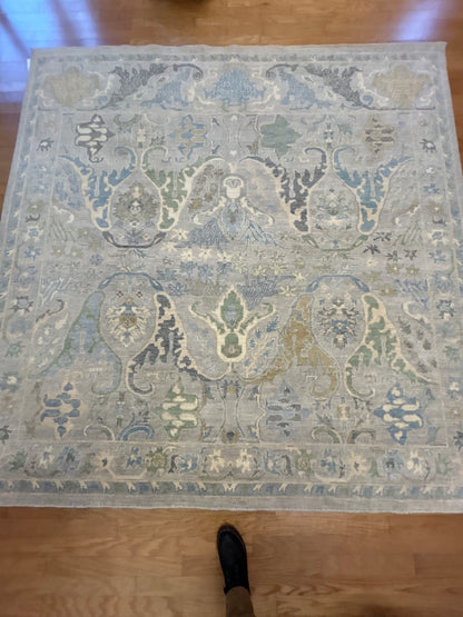 Pakistani Oushak Rug, 8'1" x 8'1", in baby blue, blue, grey and ivory