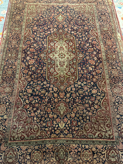 Antique Persian Kashan Rug, 4'2" x 6'5", in beige, brown, navy and rust