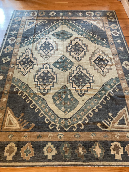 Turkish Oushak Rug, 9'1" x 12'5", in camel, ivory and navy