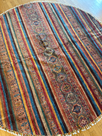 Afghan Turkman Rug, 7'10" x 8', in blue, green, red and rust