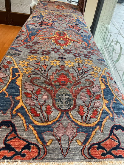 Afghan Mohal Runner, 2'7" x 9'11", in gold, grey, navy and orange - photo 2
