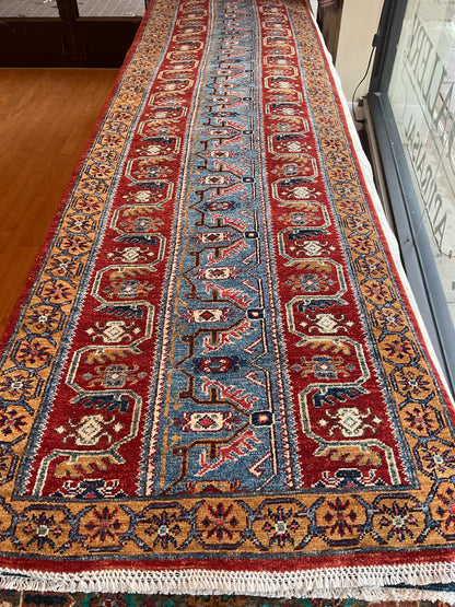 Afghan Kazak Runner, 2'7" x 9'11", in blue, gold, navy and red - photo 2