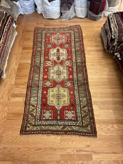 Antique Russian Kazak Runner, 3'6" x 8'1", in green, ivory, red and yellow