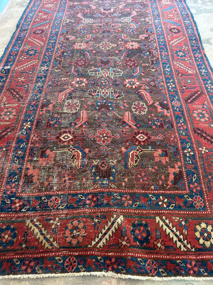 Antique Persian Northwest Runner, 3'5" x 17'2", in brown, navy, pink and red
