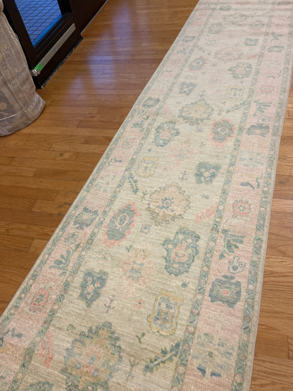 Pakistani Oushak Runner, 3'1" x 17'4", in green, ivory, pink and yellow - photo 6