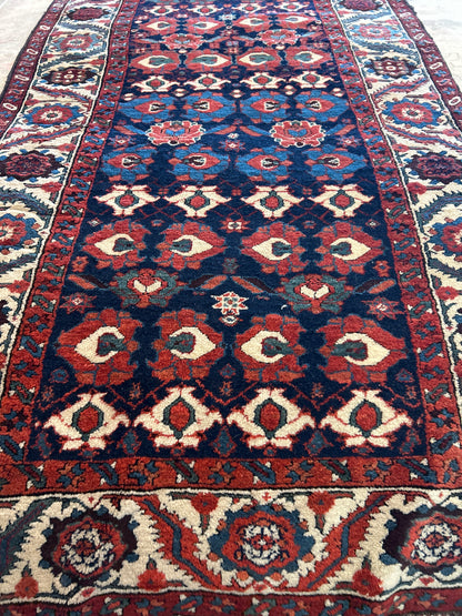 Antique Persian Kurdish Runner, 3'10" x 11'1", in blue, ivory, navy and red