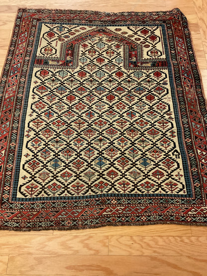 Antique Russian Caucasian Rug, 3'10" x 4'5", in blue, ivory, navy and red - photo 2