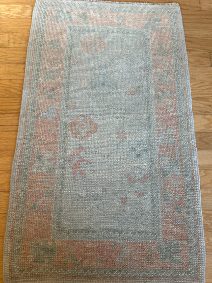 Turkish Oushak Rug, 2'3" x 3'9", in cream, peach, pink and teal