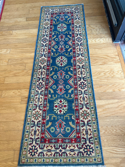 Afghan Kazak Runner, 2' x 6'2", in blue, ivory and red